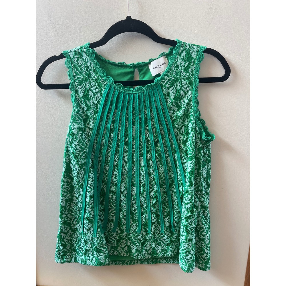 Choklate Paris Lace Blouse Womens Small Green Pintuck Pleated Sleeveless